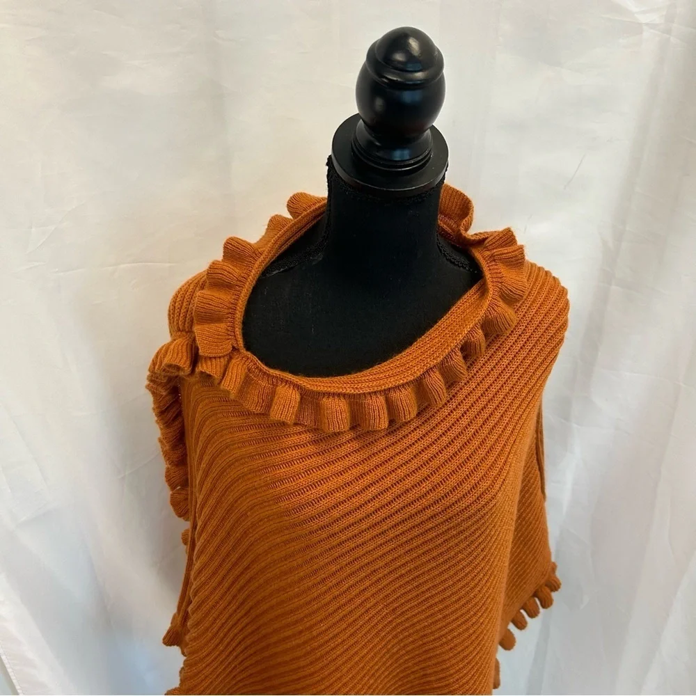 sarajane burnt orange ruffle frill knit cape shrug poncho shawl NWOT